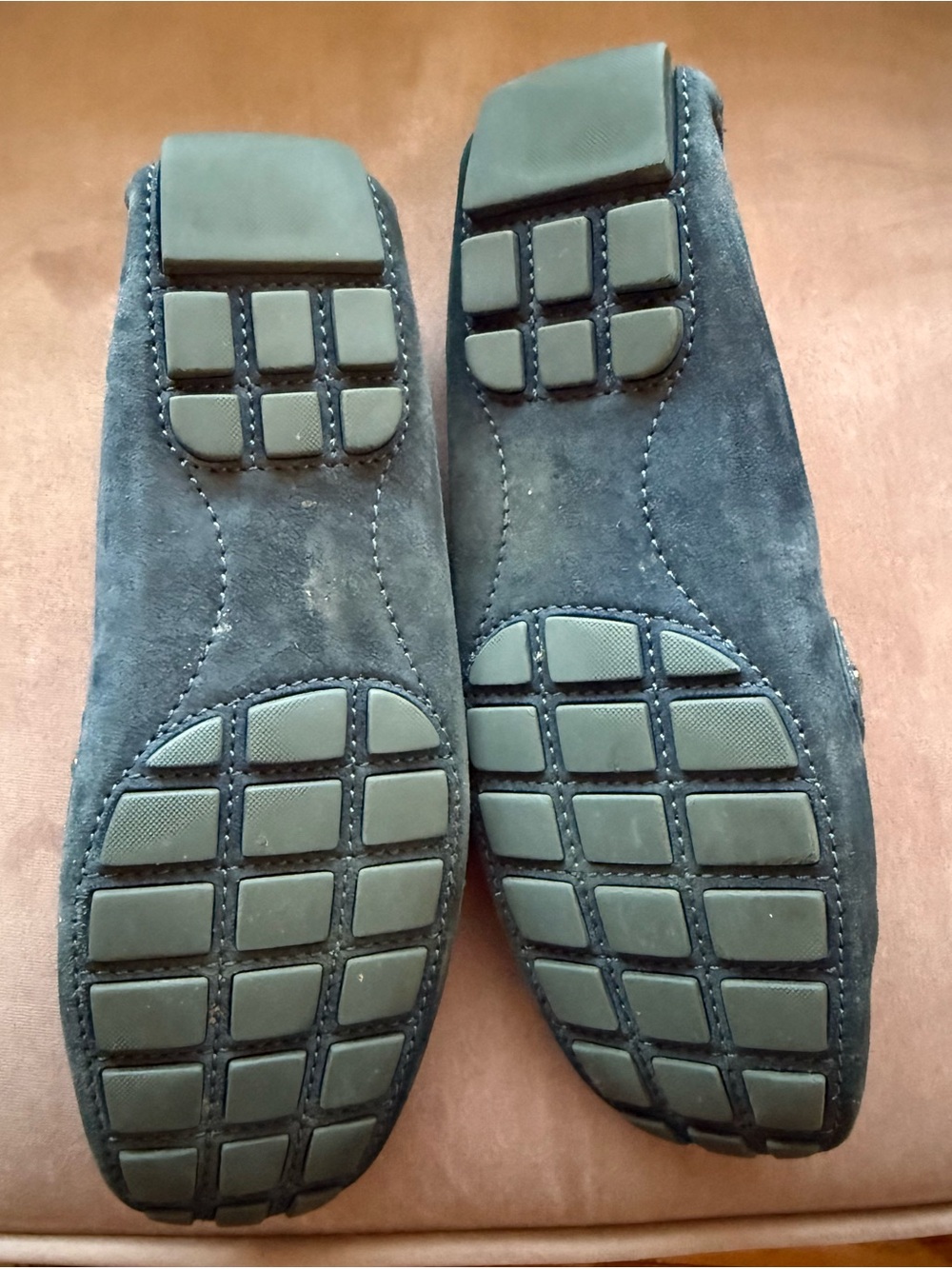 Louis Vuitton Navy Suede Loafers with Gold LV Buckle - Picture 3 of 6